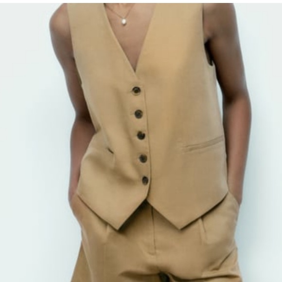 Zara NWT tan camel vest waistcoat with black button front - Picture 4 of 9